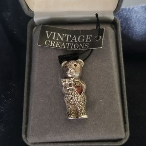 Vintage Creations Sterling Marcasite Bear Pin with Red Heart